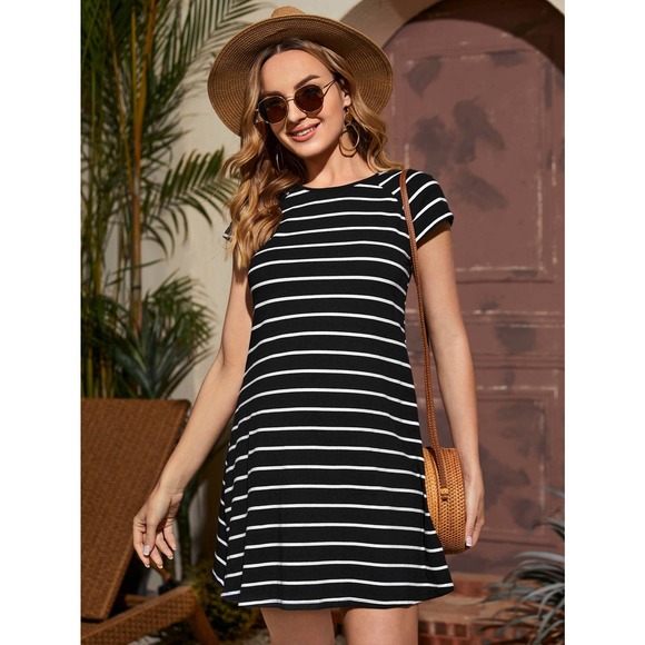 Maternity Striped short Sleeve mini Dress black white - Picture 1 of 8
